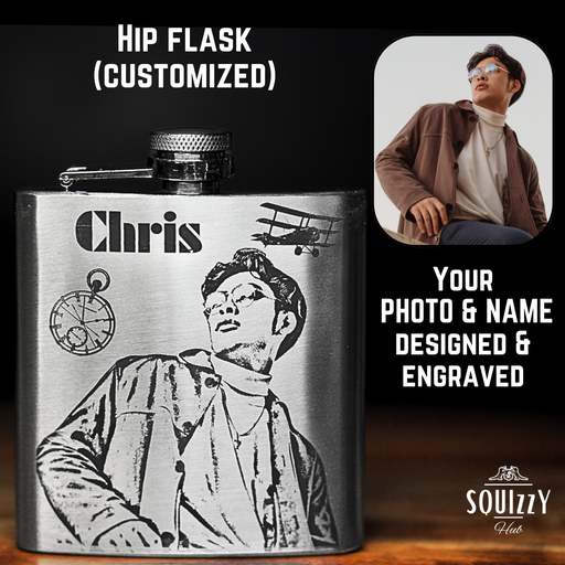 Hip flask 6oz. Designed and engraved with your PHOTO & TEXT